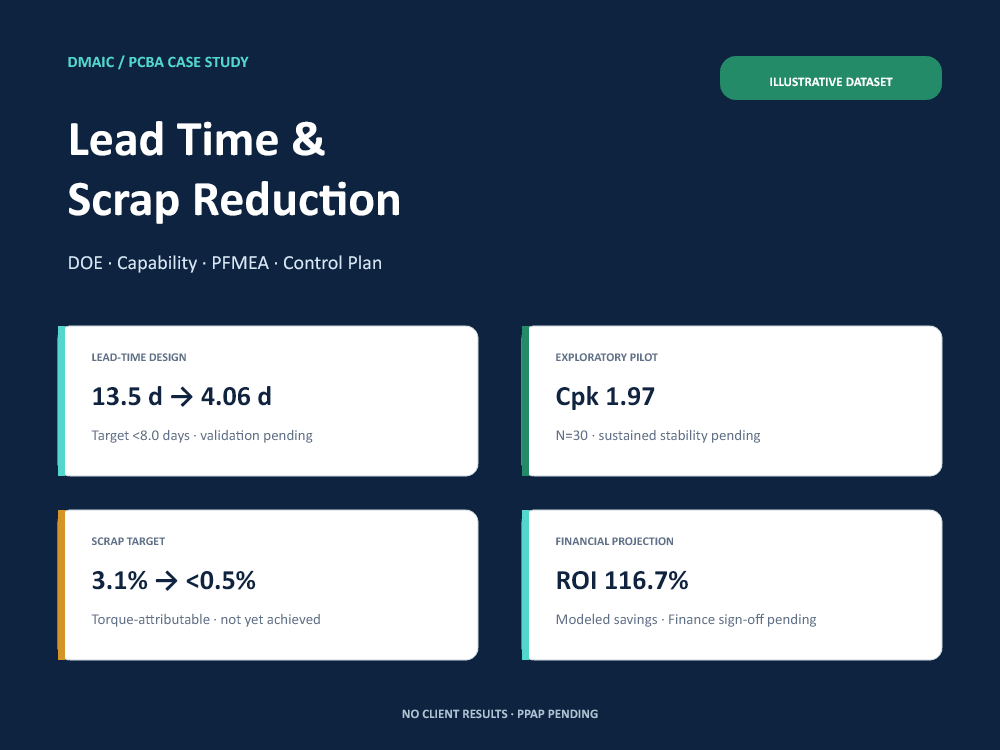 DMAIC PCBA case thumbnail with bounded lead-time, scrap, pilot capability, and projected ROI metrics.