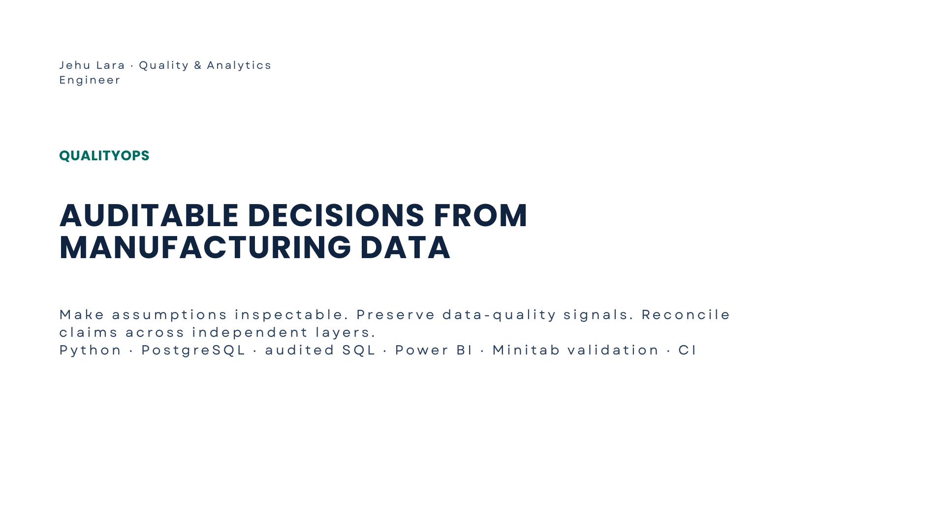 QualityOps title slide presenting auditable decisions from manufacturing data.